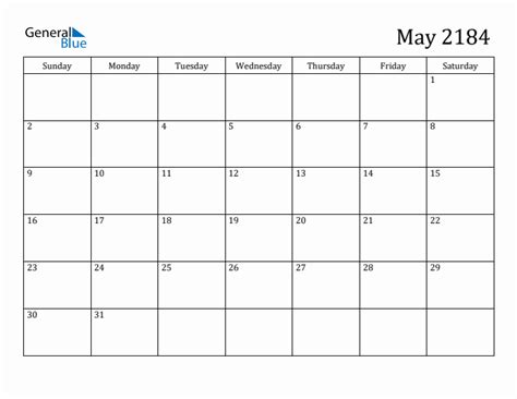 May 2184 Monthly Calendar (PDF, Word, Excel)