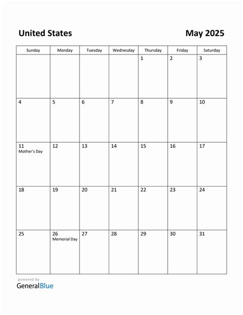 Free Printable May 2025 Calendar for United States