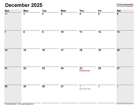 December 2025 Calendar | Templates for PDF, Excel and Word