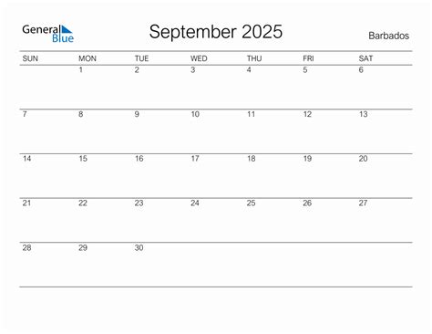Printable September 2025 Monthly Calendar with Holidays for Barbados