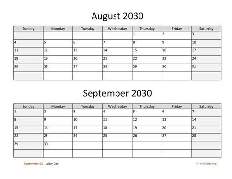 August and September 2030 Calendar | WikiDates.org