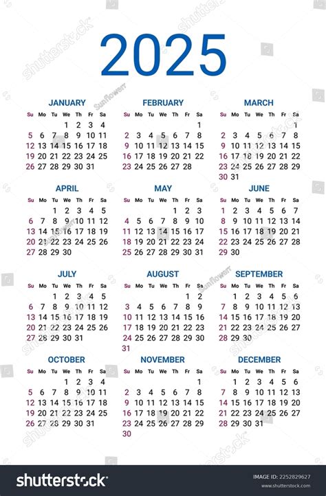 2025 Year Calendar Week Starts On Stock Vector (Royalty Free ...