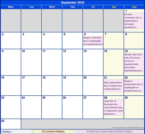 September 2030 EU Calendar with Holidays for printing (image format)