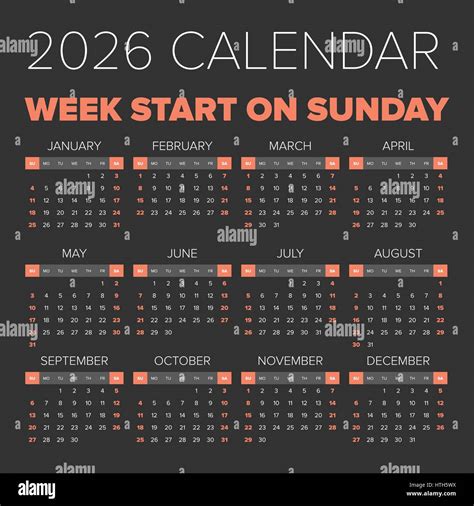 Simple 2026 year calendar, week starts on Sunday Stock Vector Image ...