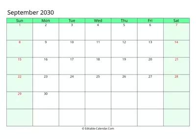 Download Editable Calendar September 2030, weeks start on Sunday