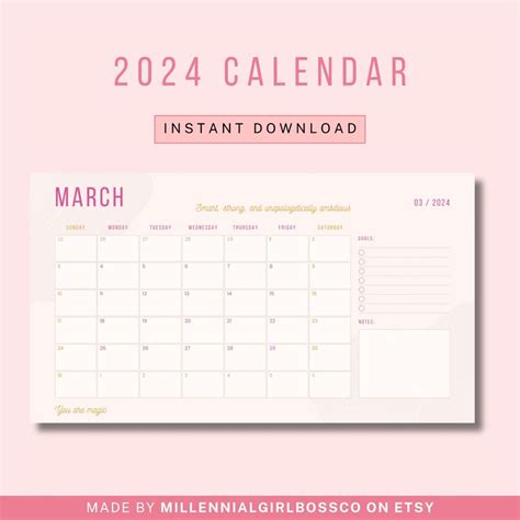 2024 Monthly Calendar With Notes Printable Calendar Template Feminine ...