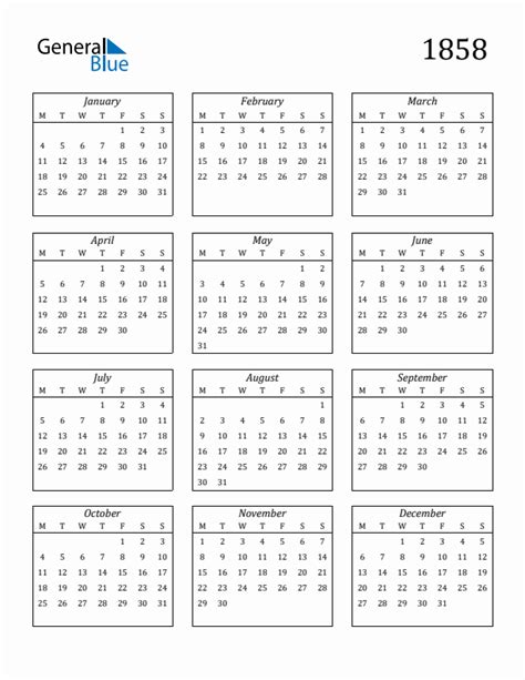 1858 Yearly Calendar Templates with Monday Start