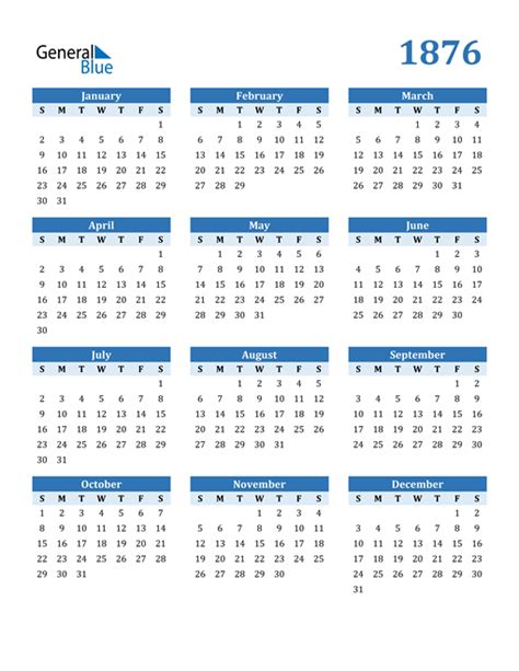 1876 Calendar (PDF, Word, Excel)