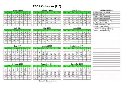 Download Editable Yearly Calendar 2031, Sunday Start