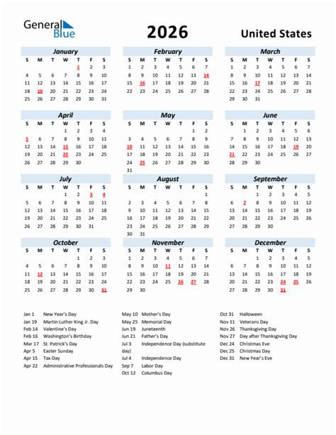 2026 United States Calendar with Holidays