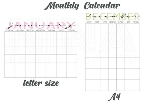 Monthly Calendar PDF Monthly Calendar, Digital Papers, Letter Size ...
