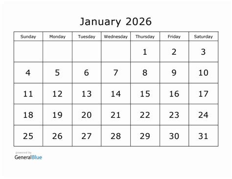 Free Printable Monthly Calendar for January 2026