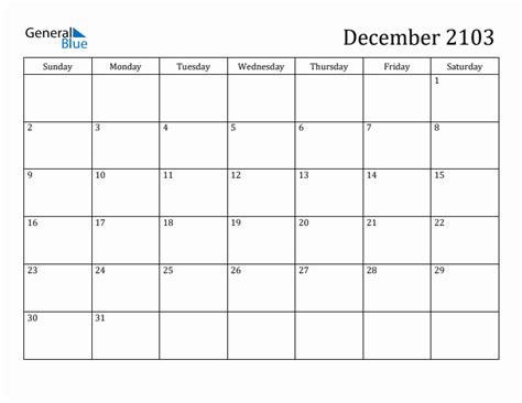 December 2103 Calendar (PDF Word Excel)