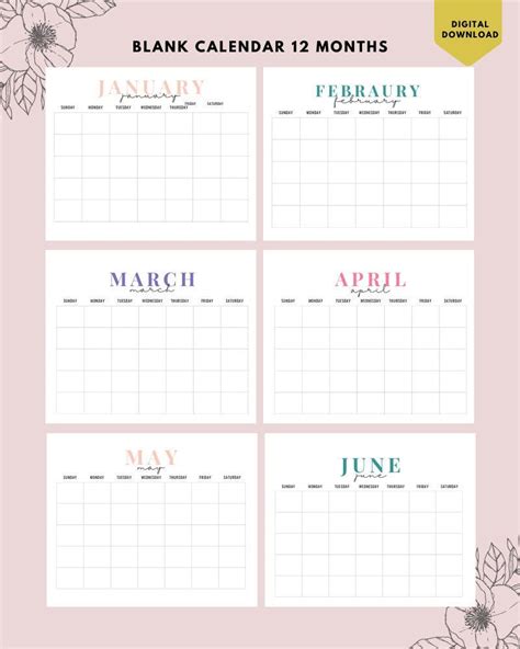 BLANK Monthly Calendar Landscape Printable Calendar Year - Etsy UK ...