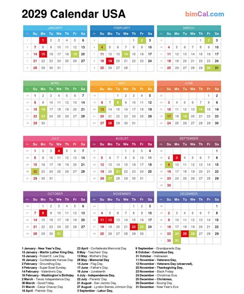 2029 Calendar USA - bimCal