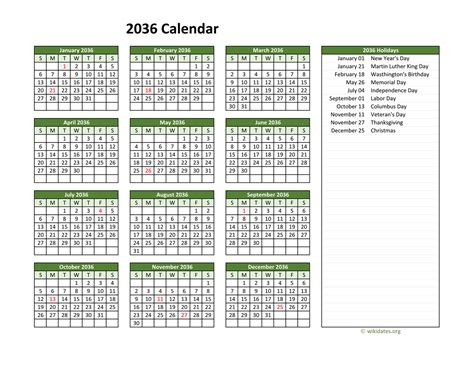 Printable 2036 Calendar with Federal Holidays | WikiDates.org