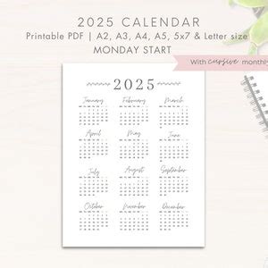 2025 Year Calendar Printable, MONDAY Start, Year Overview 2025, One ...