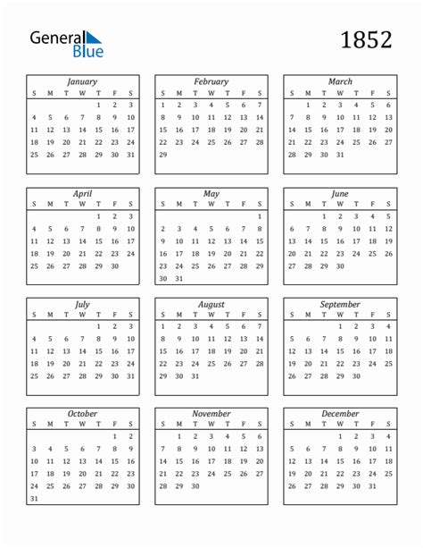 Free 1852 Calendars in PDF, Word, Excel