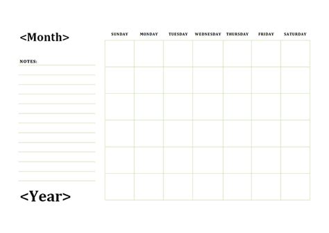 Monthly Blank Calendar with Day Notes Landscape - Free Printable Templates