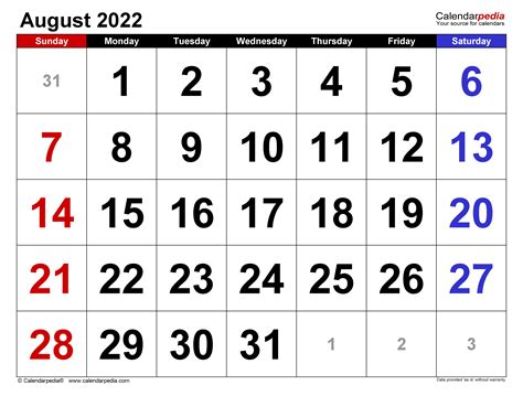 August 2022 Calendar | Templates for PDF, Excel and Word