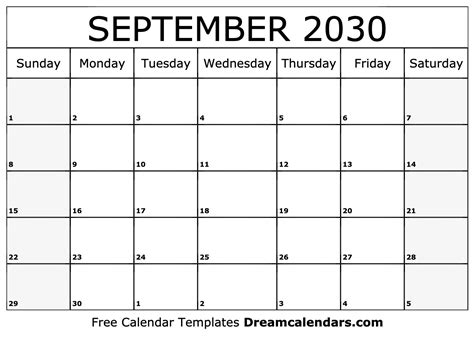 September 2030 Calendar - Free Printable with Holidays and Observances