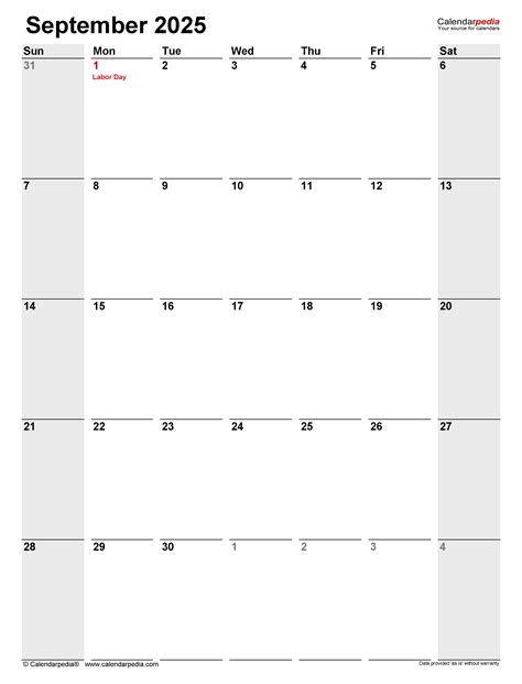 September 2025 Calendar | Templates for PDF, Excel and Word