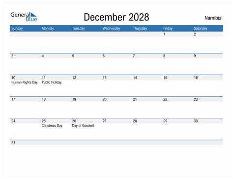 December 2028 Monthly Calendar with Namibia Holidays