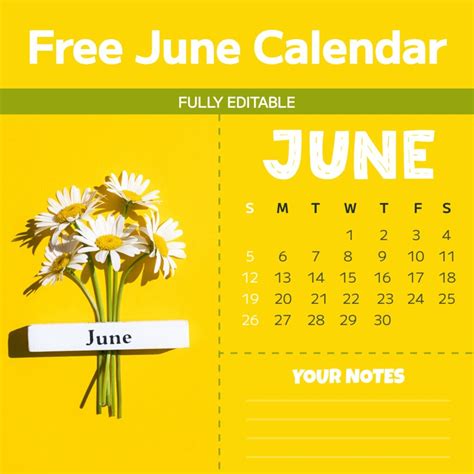 Free Yellow June Editable Calendar – MasterBundles