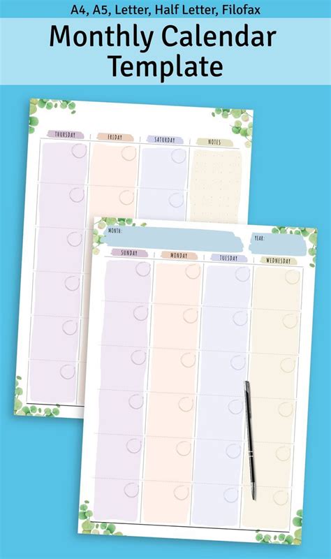Monthly Calendar Template, Month Calendar Template, Monthly Planner ...