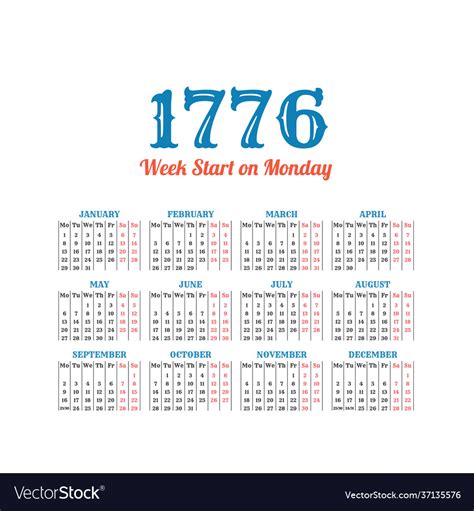 Historic calendar 1776 start on monday Royalty Free Vector