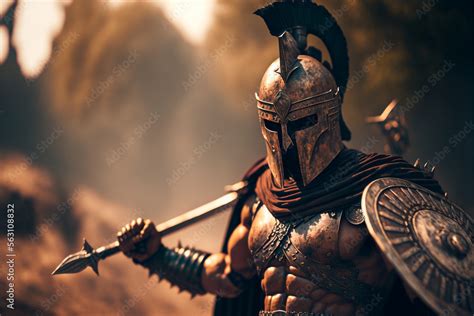 Illustration of spartan warrior in armor with shield and sword, antique ...