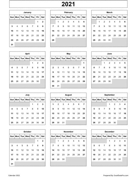 2021 Yearly Calendar Printable