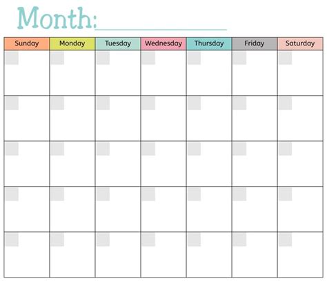 Printable Blank Monthly Calendar Template
