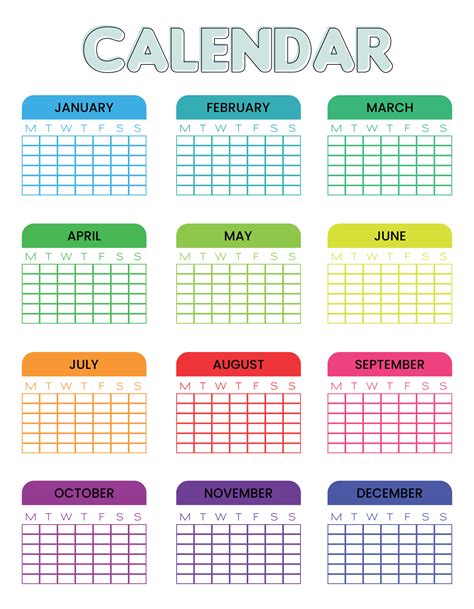 a colorful calendar with the dates for each month