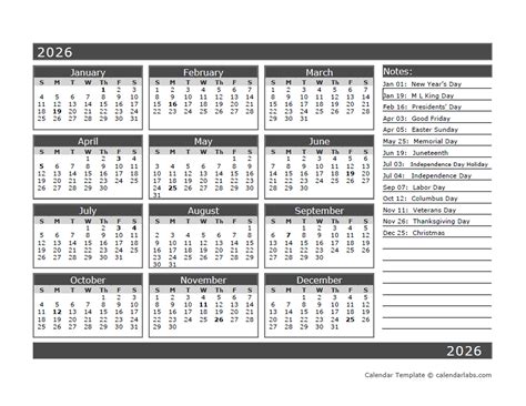 12 Month One Page Calendar Template For 2026 - Free Printable Templates