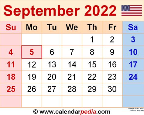 September 2022 Calendar | Templates for PDF, Excel and Word