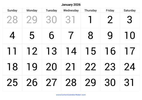 January 2026 Calendar Printable With Large Numbers | Custom Calendar Maker