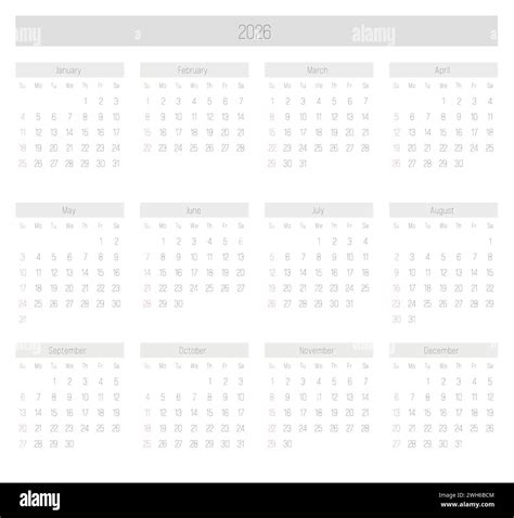 Monthly calendar of year 2026. Week starts on Sunday. Block of months ...