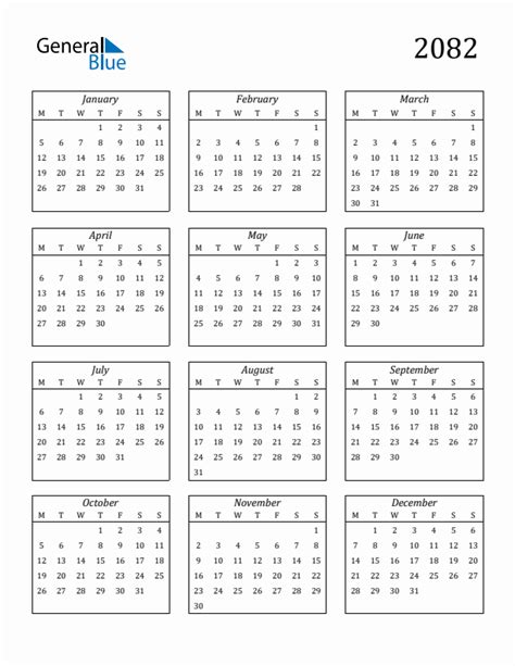 2082 Yearly Calendar Templates with Monday Start