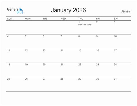 Printable January 2026 Monthly Calendar with Holidays for Jersey