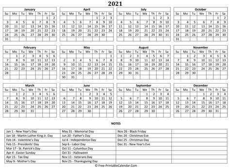2021 Yearly Calendar in Excel, PDF and Word