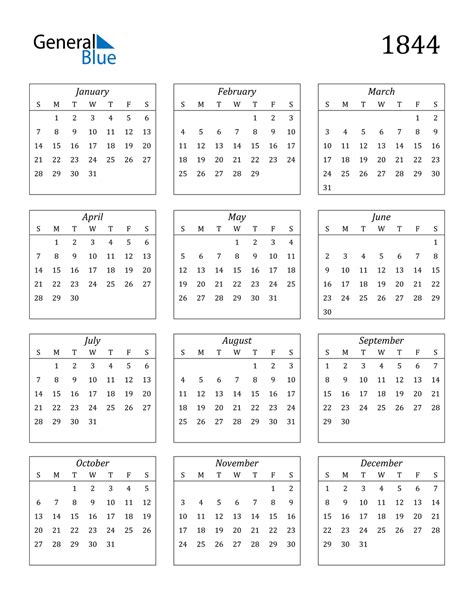 1844 Calendar (PDF, Word, Excel)