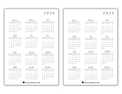 2025 Yearly Calendar Printable | Free & Cute Printable Calendars - The ...