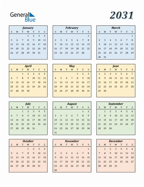 2031 Calendar (PDF, Word, Excel)