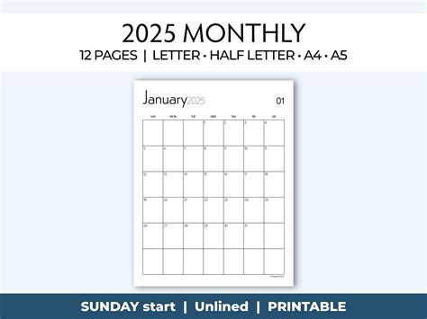 2025 Monthly Calendar, Printable Insert, Minimalist Design Planner Page ...