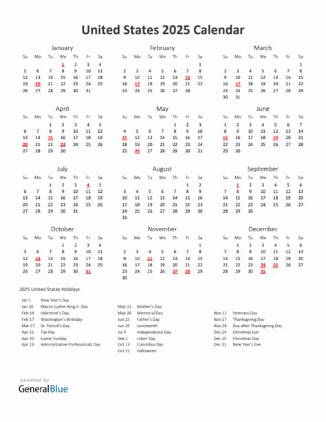 2025 Printable Calendar with United States Holidays