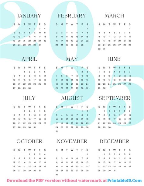 Free Printable 2025 Calendar - PDF & Image - PrintableJD.Com