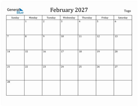 February 2027 Calendar with Togo Holidays