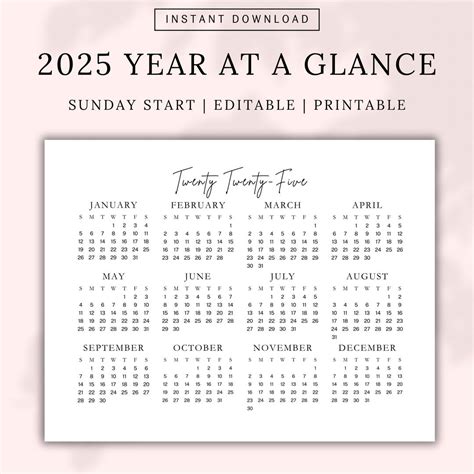 2025 Year at a Glance Printable, Printable Calendar, Yearly Planner ...