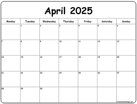 Calendar 2025 April Monday Start - Kim K. Bell